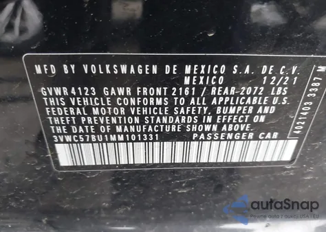 2021 Volkswagen Jetta S/Se/R-Line из США, поврежденный, VIN 3VWC57BU1MM101331